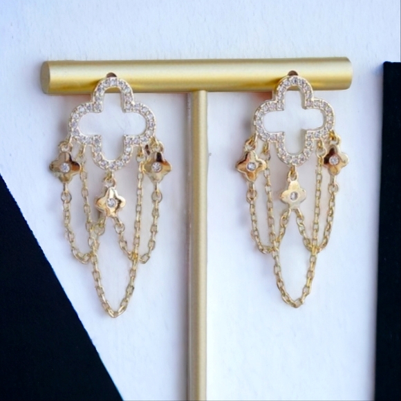 Clover 14k Gold Plated Zircon Chain Earrings - Picture 2 of 5